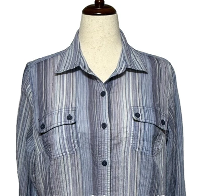 Liz Claiborne Top Womens 2X Purple Blue Striped Crinkle Button Up Casual Stretch - Image 1 of 4