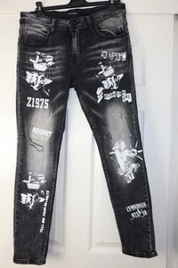 Leeyo Mens Black Distressed Ripped Slim fit Jeans W34 L28.5 Punk Rock VGC - Picture 1 of 10