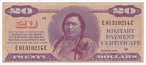 Vietnam Military Payment Certificate 20 Dollars Series 692 Serial # E 01310214 E - Picture 1 of 2