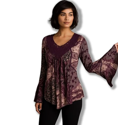 Top Boho One World Live & Let Live Manga Campana Talla L Púrpura Cachemira Cuello en V Foto 1 de 4