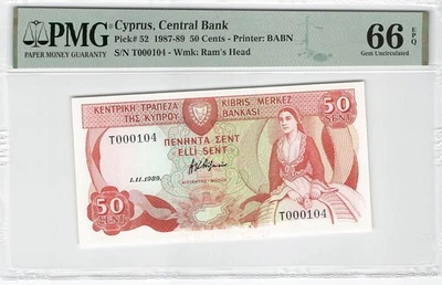 Cyprus 50 Cents 1989 P-52 PMG 66 EPQ - Image 1 of 2