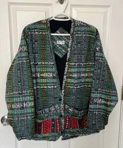 Artsy Women’s Green Plaid Jacket 100% Cotton Guatemala Pockets Casual Button L - Picture 1 of 7