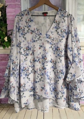 Blusa Vince Camuto XXL Blanca Floral Manga Volantes Dobladillo Alto-Bajo Cuello en V Top Nueva sin Etiquetas Foto 1 de 4