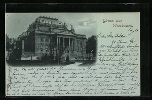 Mondschein-AK Wiesbaden, Theater mit Park 1897  - Picture 1 of 2