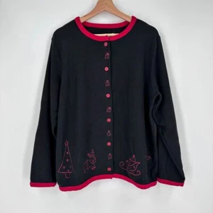 CJ Banks Christmas Cardigan Crewneck XL Black Knit Red Embroidery Party Holiday - Picture 1 of 9