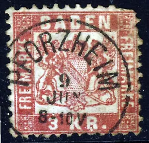 BADEN GERMANY 1868 3 Kreuzer Rose Perf 10 SG 41 VFU - Picture 1 of 2