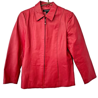 Diálogo Rojo Ladrillo Talla Mediana Corto Cuero Abrigo Chaqueta Bolsillos, Forrado Cremallera Completa Foto 1 de 4