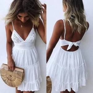 Women Sexy Deep V Neck Backless Beach Dress Summer Embroidery Lace Mini Dresses - Picture 1 of 16