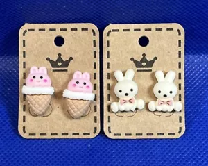Girls Bunny & Bunny Ice Cream Cone Resin Cartoon Fun Stud Earring Set Of 2 - Picture 1 of 2