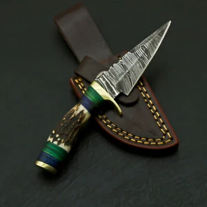 CUSTOM MADE HAND FORGED DAMASCUS 6" HUNTING/SKINNING KNIFE - STAG/ANTLER HANDLE - Picture 1 of 5