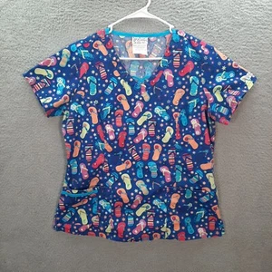 UA Scrubs Scrub Top Womens Medium Blue Flip Flop Fun Nurse Medical Dental Vet - Picture 1 of 10
