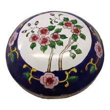 Antique Chinese Blue Cloisonné  Trinket Vanity Dresser Box Jar Enamel Floral