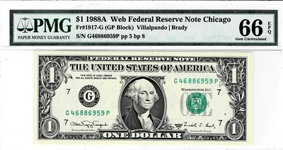 1988a $1 Federal Reserve 'WEB' Note- GP block--run 8 (combo 5/8) -PMG 66 EPQ - Image 1 of 4