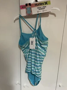 Hurley One Piece Bathing Suit Girls Youth 14/16 NWT Blue Striped Open Beach Surf - Picture 1 of 5