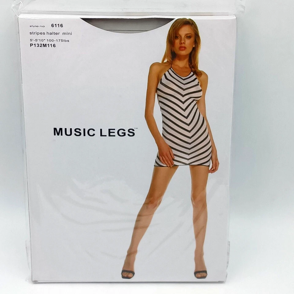 Музыка ноги полоски с бретелью через шею мини-платье женщин один размер 100% нейлона черный/белый новый - Изображение 1 из 4