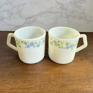 Vintage Pair La Opala Opal Glass Coffee Mugs Blue Floral Design Flowers Set of 2 - Picture 1 of 8