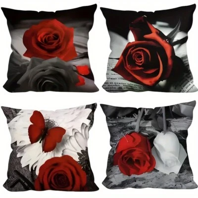 4PCS Valentine's Day Romantic Red Rose Decorative Pillowcase Printed on One Side - Image 1 of 4