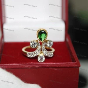 1.45 CT Pear Cut Natural Emerald & Moissanite Crown Ring in Yellow Plated Silver - Picture 1 of 11