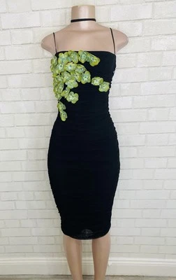 Vestido De Colección Betsey Johnson Y2K Negro Malla Acanalado Movelar 3D Floral Baile de graduación P Foto 1 de 4