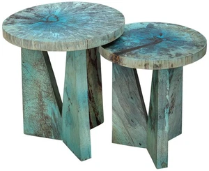 Modern Blue Green Nesting Tables Set of 2 Triangular Legs Living Room Bedroom - Picture 1 of 1