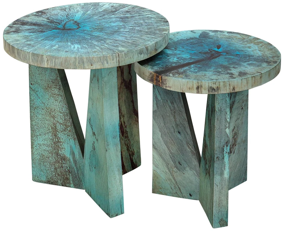 Modern Blue Green Nesting Tables Set of 2 Triangular Legs Living Room Bedroom - Image 1 of 1
