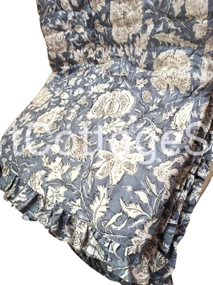 Handmade Indian Kantha Hand Block Print Gray Floral Jaipur Razai Quilt King Size - Image 1 of 4
