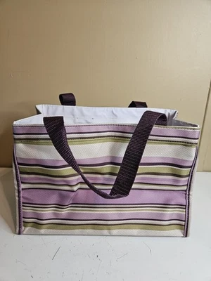 Thirty-One Small Tote Bag Purple Green Striped Mesh Side Pockets - Image 1 of 4
