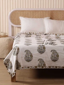 Indian Cotton Quilt Handmade Block Print Throw Boho Floral Bedspread Queen Size - Picture 1 of 7