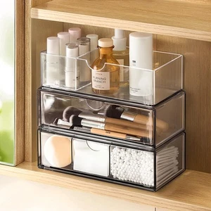 Medicine Cabinet Organizer 3 Pack Plastic Stackable Storage with 2 Drawers - Picture 1 of 7