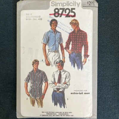 Simplicity 8725 NEW Men’s Extra Tall Yoked Button Front Shirt Size 46-52 - Image 1 of 4