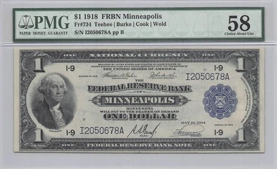 1918 $1 Federal Reserve Bank Note FR-734 Rare Minneapolis PMG 58 - Image 1 of 2