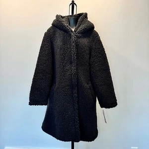 BCBGeneration Women's NWT Long Faux Fur Teddy Coat with Hood - Charcoal Size MED - Picture 1 of 18