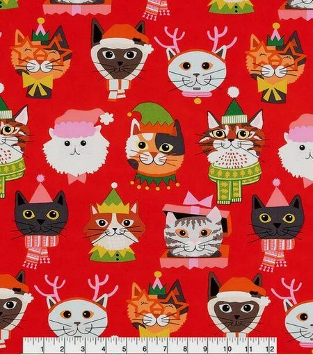 Tela ALEXANDER HENRY - GATITO NAVIDAD en Rojo - por la mitad yd (18") Foto 1 de 1