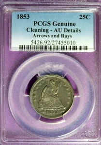 1853 - PCGS AU DETAILS GENUINE (CLEANING) ARROWS & RAYS SEATED QUARTER!! #B31984 - Picture 1 of 2