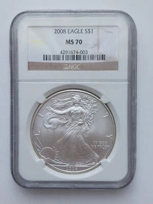 Moneda American Silver Eagle 2008 S$1 NGC MS 70- .999 1 OZ plata fina graduada Foto 1 de 4
