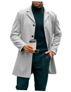Mens Mid Long Trench Coat Slim Fit Winter Pea Coat Single X-Large Grey - Picture 1 of 6
