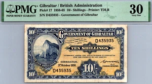 Gibraltar 10 Shillings 1958 - 1965 PMG 30 VERY FINE Pick # 17 - Picture 1 of 3