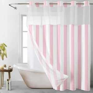 No Hook Shower Curtain with Snap in Liner Pink and White Striped Shower Curtain - Picture 1 of 7