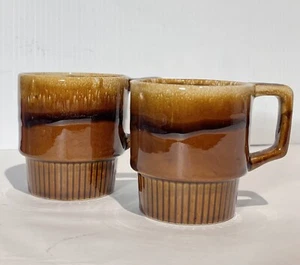 Vintage 1970s MC Modern Ceramic Brown Drip Glaze Stackable Coffee Cups Set of 2 - Picture 1 of 10