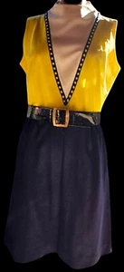 Vintage 70's Momentum Polyester Dress Yellow Navy Blue Wide Vinyl Belt Size 18 - Picture 1 of 7