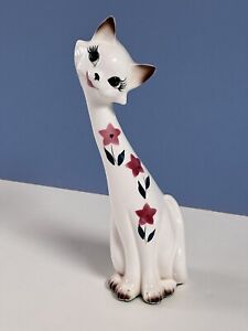 Vintage Ceramic Siamese Cat Figurine Star Flowers Marco Japan 11 3/4"