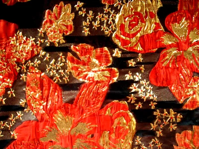 Tecido vintage transparente flocado preto/laranja dourado design asiático 52 x 178 REDUZIDO - Imagem 1 de 4