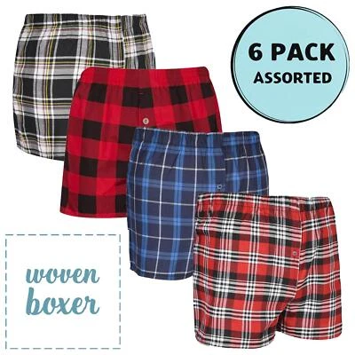 6 Pack Mens Woven Boxer Shorts Button Elasticated Loose Fit Underwear S-2XL