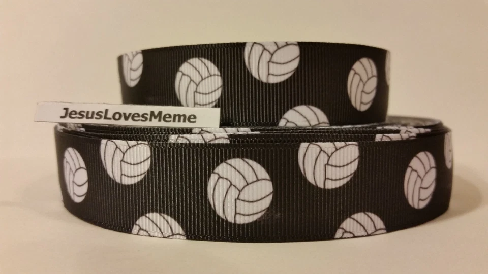 Grosgrain Ribbon, White Volleyballs on Black, Sports, Volleyball, 7/8" Wide - Image 1 of 1