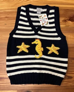 NWT Handmade Seahorse Starfish Blue White Yellow Striped Sweater Vest Boys 6/7 - Picture 1 of 4