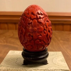 Vintage Hand-Carved Asian red Cinnabar egg with wood base No Box - Picture 1 of 9