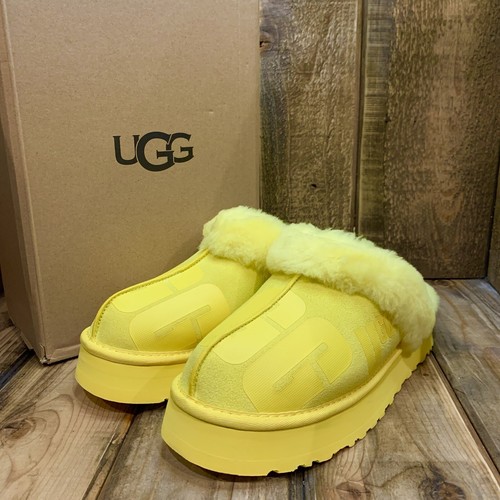 UGG DISQUETTE PLATEAU PANTOFOLA ZOCCOLO SCAMOSCIATO LANA SANDALO GIALLO DONNA US 11