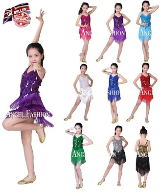 UK Kids Girl performance Sparkling Sequins Tassel Salsa Tango Latin Dance Dress - Image 1 of 2