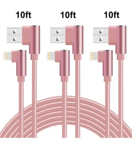Cable Iphone Ipad Charger 3 pack 10ft 90 Degree Fast Charger Rose Gold - Picture 1 of 5