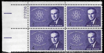 ATOMIC ENERGY ACT US #1200 PEACEFUL USES SENATOR B. MCMAHON 4c STAMP PLATE BLOCK - Image 1 of 4
